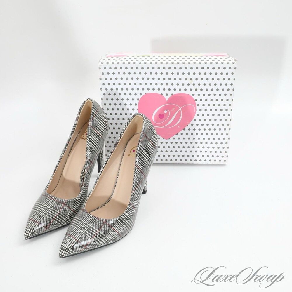 DELICIOUS GREY GLEN PLAID RED CHECK PATENT STILETTO SHOES NEW IN BOX SIZE 7